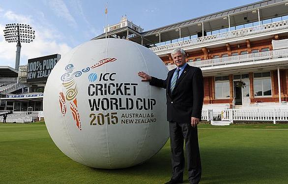 sir richard hadlee with giant icc cricket world cup 2015 ball at lord's