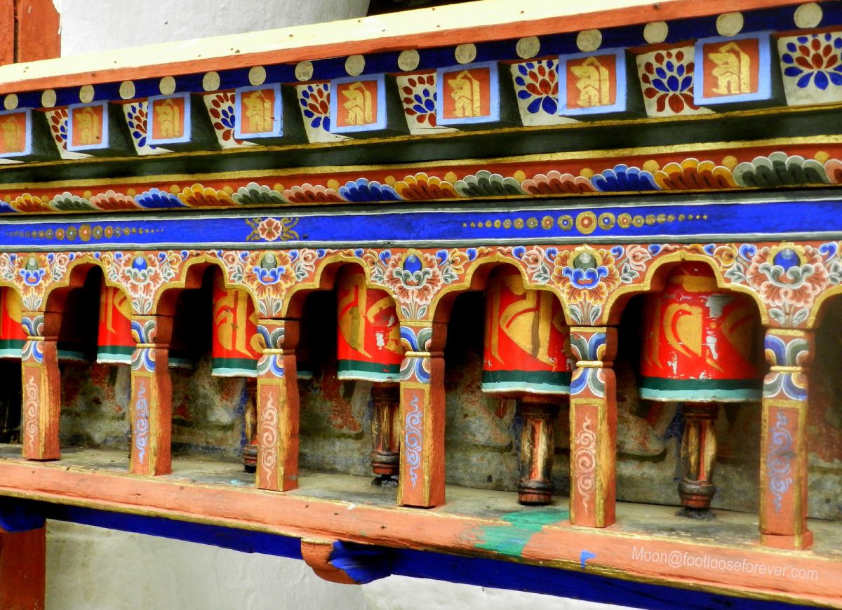 prayer wheels, kichu lhakhang, paro, bhutan