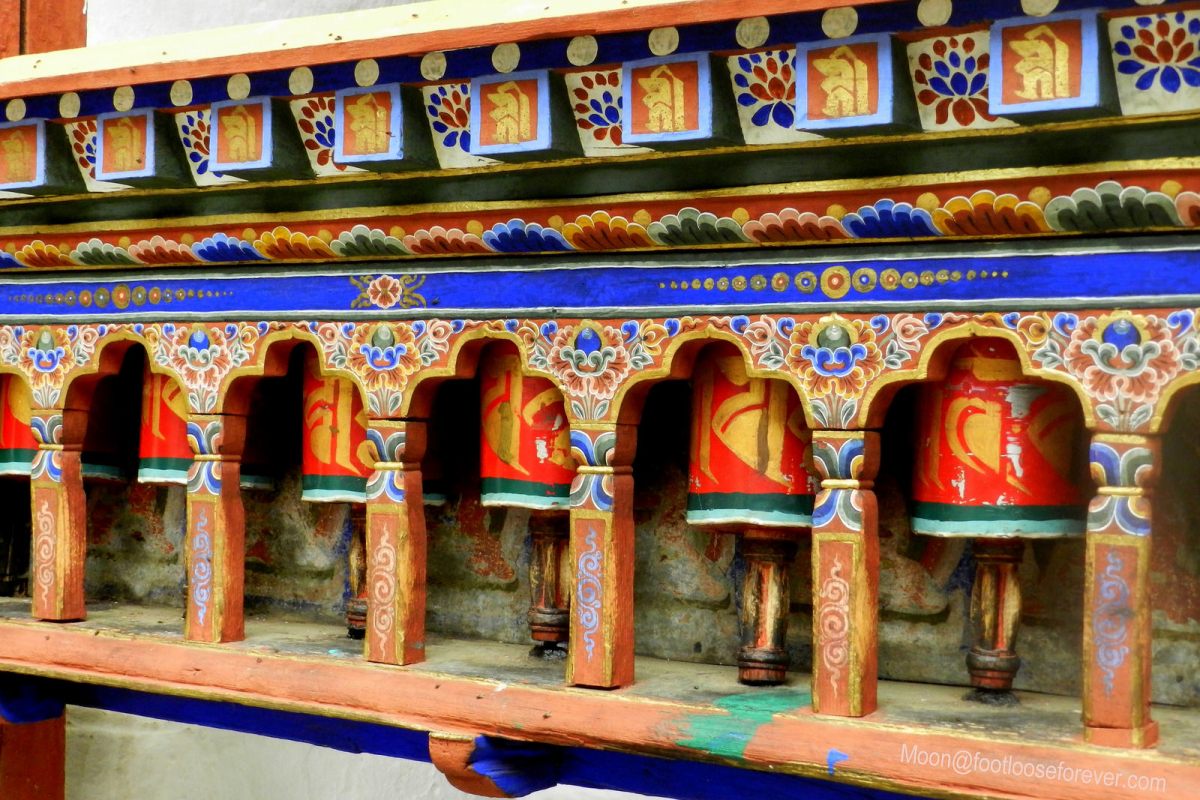 prayer wheels, kichu lhakhang, paro, bhutan